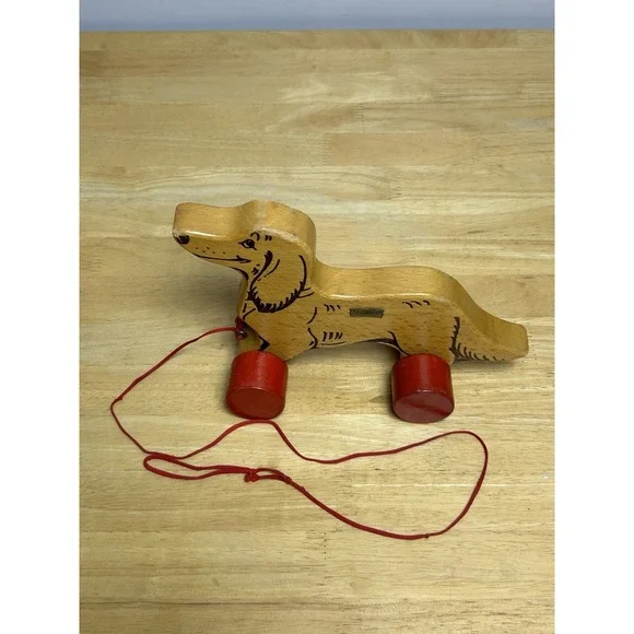 Vintage Steiff Wooden Dog Dachshund on Red Wheels with ID And Pull String